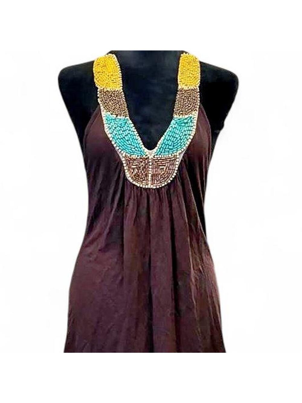 Y2K Beaded Brown Halter Top – Boho Festival Tank M